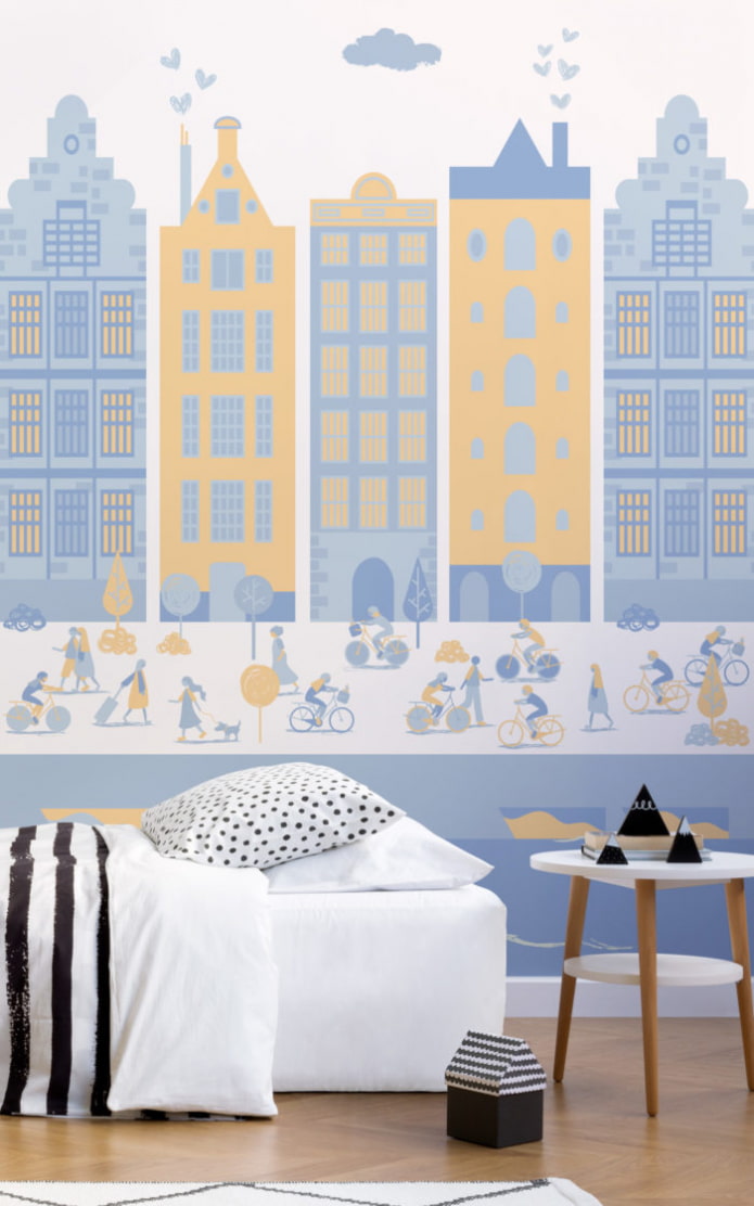 wallpaper with a hand-drawn city in the interior