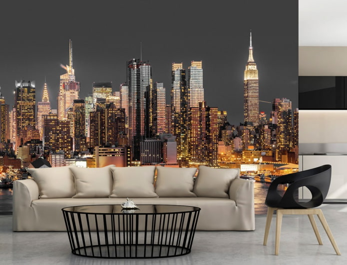 wall mural depicting the city in the living room