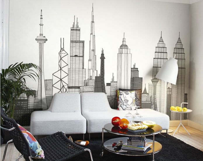 non-woven wallpaper with a pattern of the city in the interior