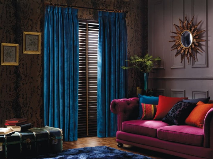 blue velvet curtains in the interior