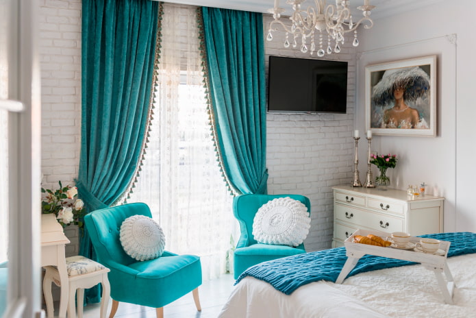 velvet curtains of turquoise color in the interior