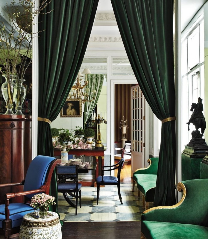 green velvet curtains in the interior