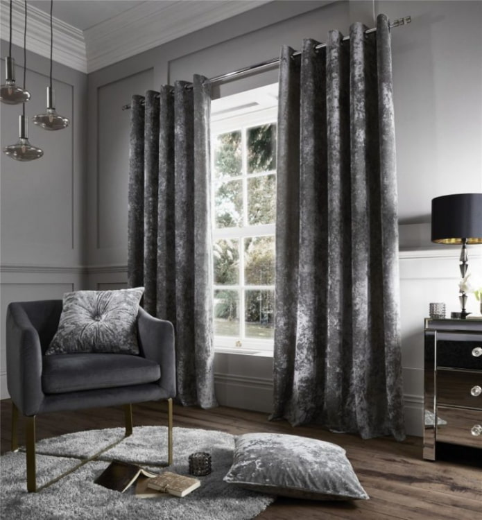 gray velvet curtains in the interior