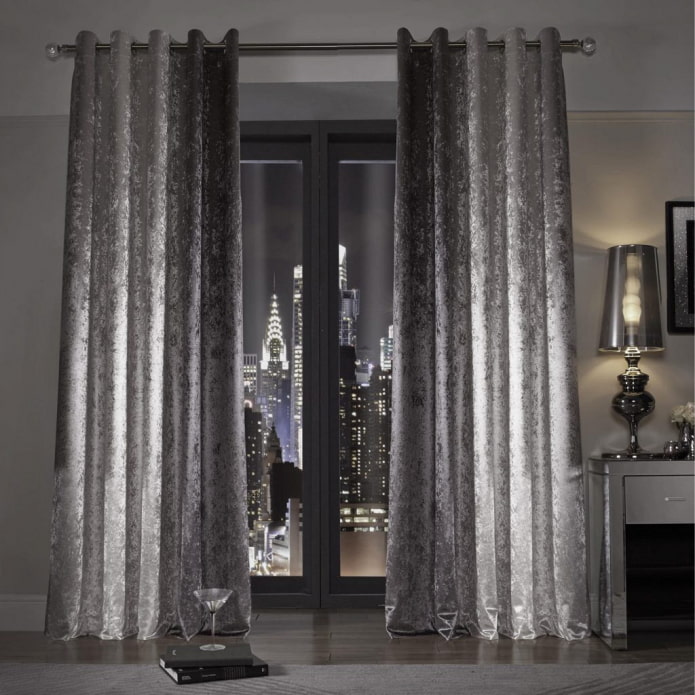 gray velvet curtains in the interior