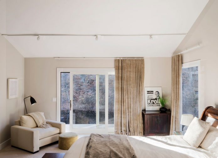 beige velvet curtains in the bedroom