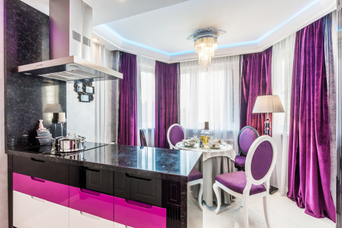 purple curtains in the kitchen