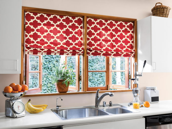 patterned burgundy roman curtains in the kitchen