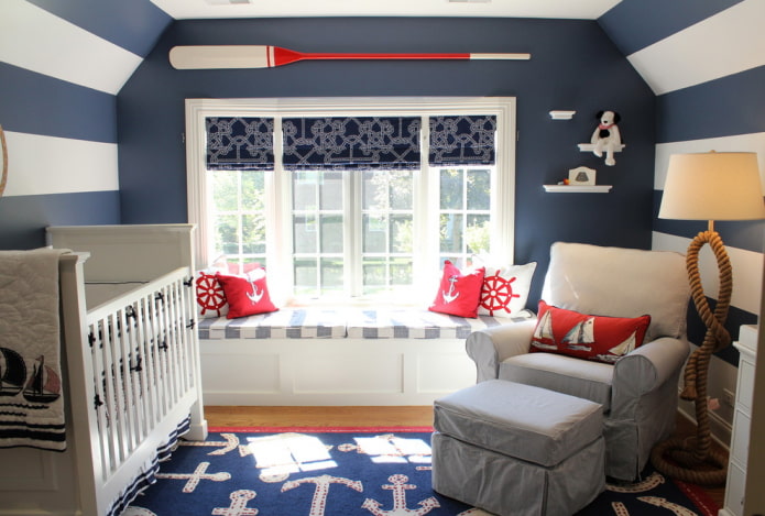 roman curtains in the nursery in a nautical style