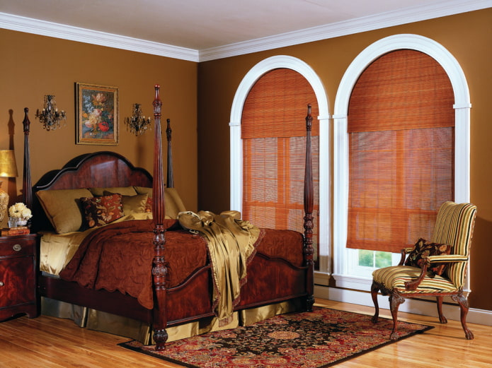 bamboo roman curtains on arched windows