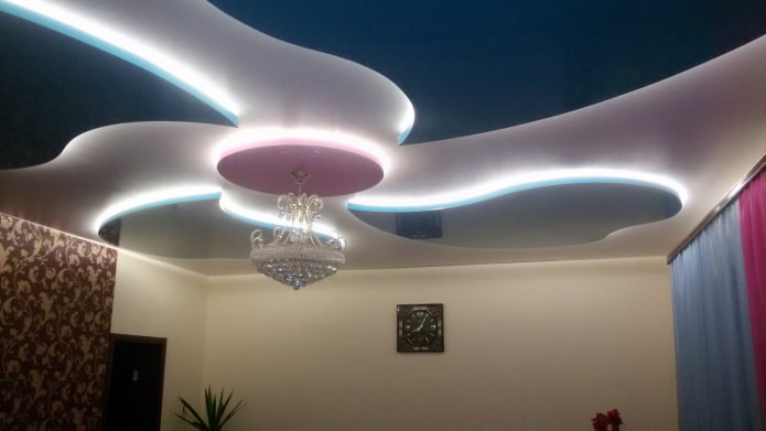 floating ceiling structure with chandelier