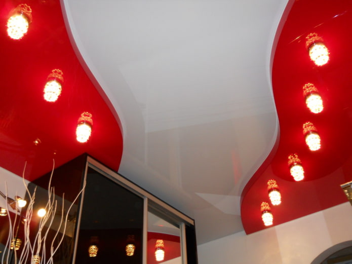 stretch ceiling structure in red and white