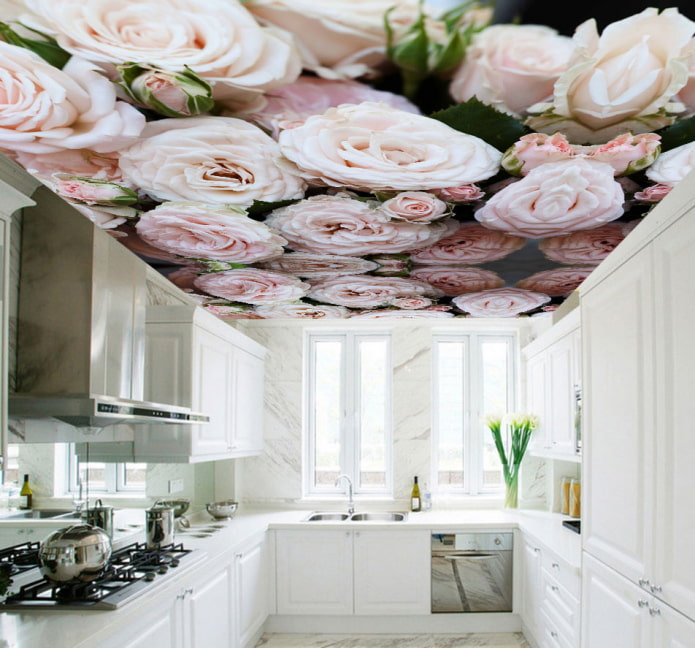 ceiling with a picture of flowers in the kitchen