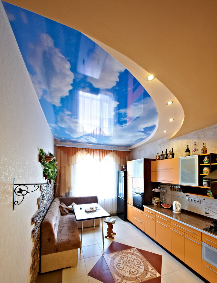 ceiling with a picture of the sky in the kitchen