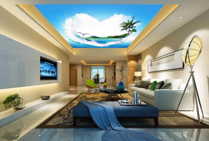 ceiling depicting the beach in the living room