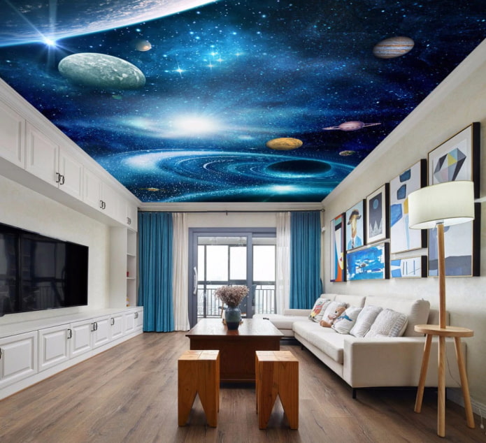 ceiling with a picture of space in the living room
