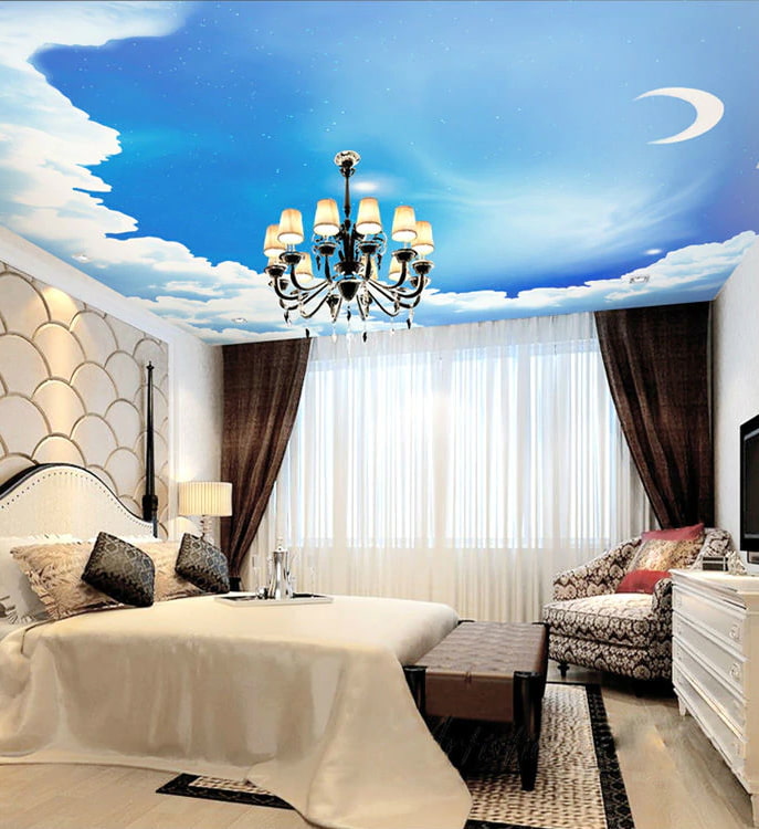 ceiling with a picture of the sky in the bedroom