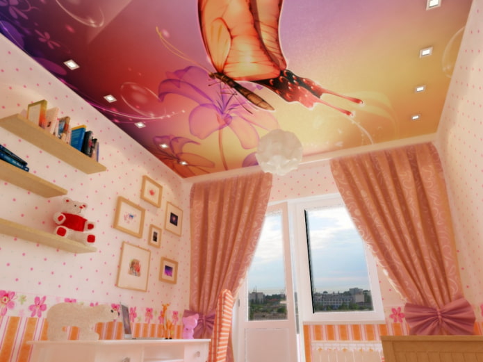 ceiling with a picture of a butterfly in the nursery