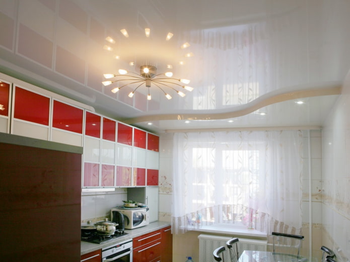 white stretch ceiling in the interior of the kitchen