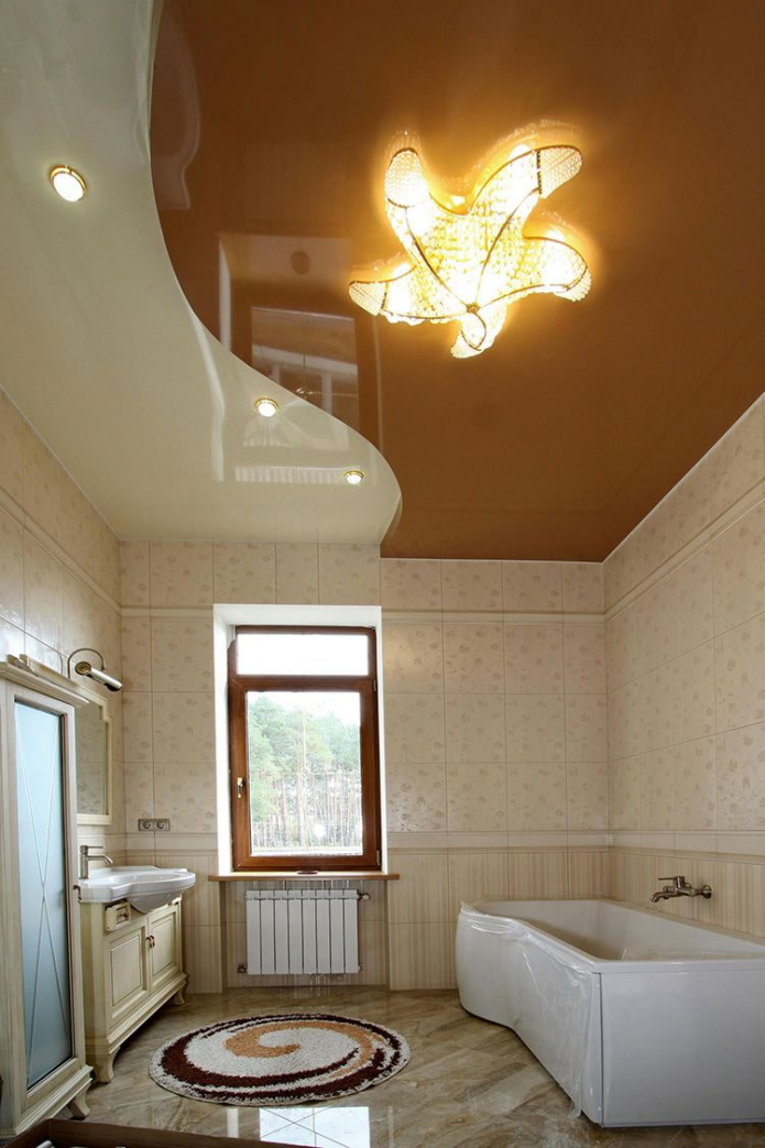 two-tone ceiling in the bathroom interior