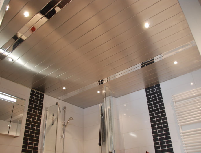 slatted ceiling in the bathroom interior