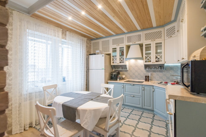two-tone wood ceiling in the kitchen