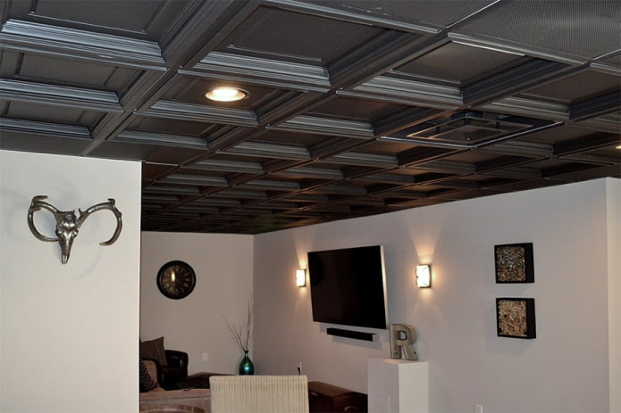 black coffered structure in the interior