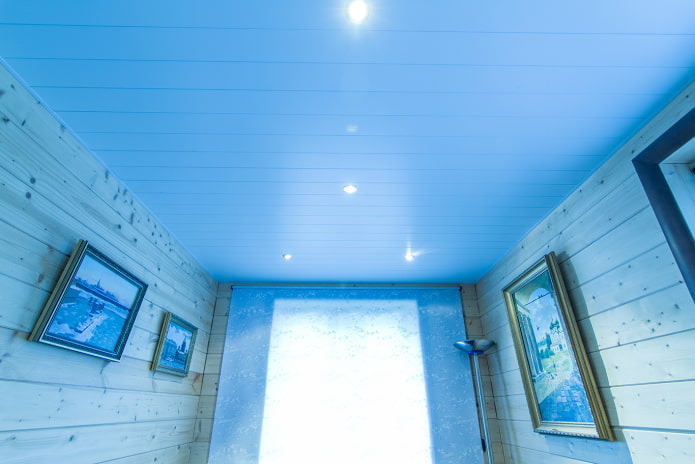 โครงสร้างฝ้าเพดานไม้ระแนงสีน้ำเงิน