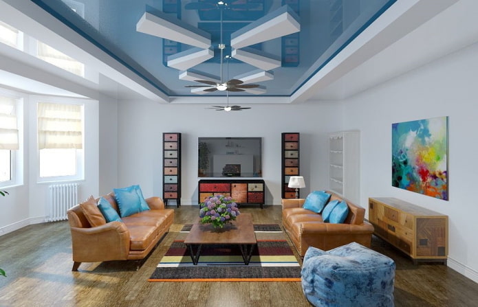 blue ceiling structure combined with brown floor
