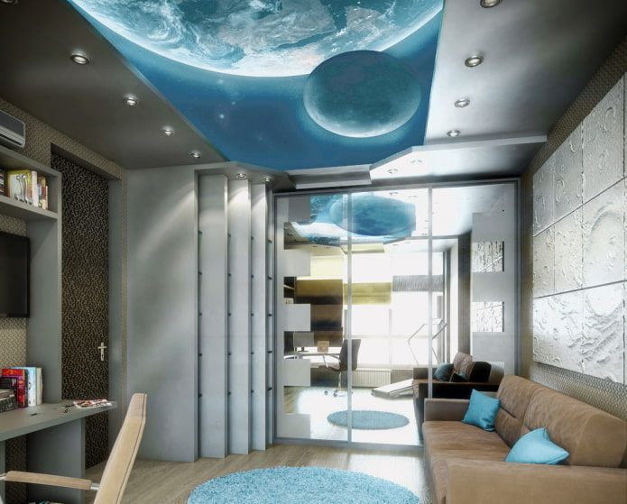 gray-blue ceiling with photo printing