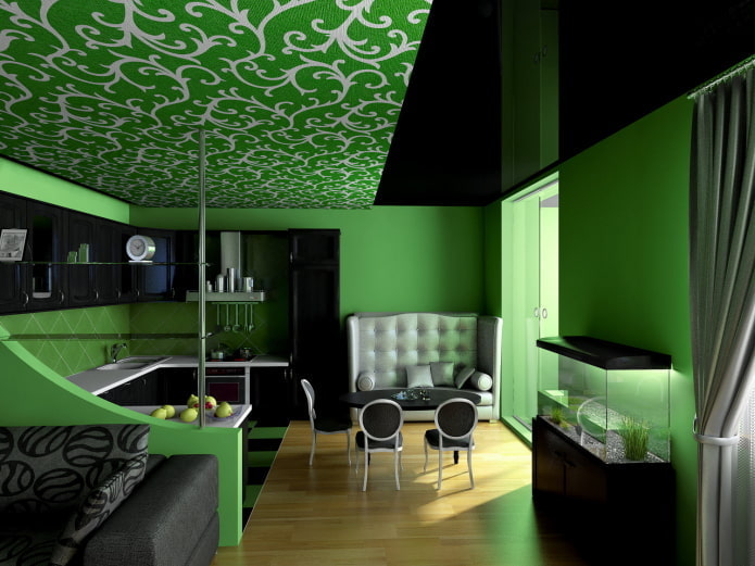 green ceiling structure with patterns