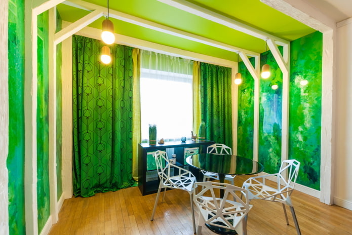 green ceiling with beams