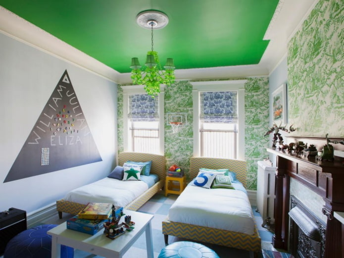 green ceiling with chandelier