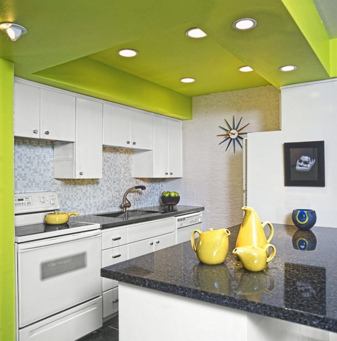 green ceiling structure in the kitchen