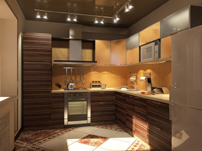 плафонска конструкција у смеђој боји у кухињи