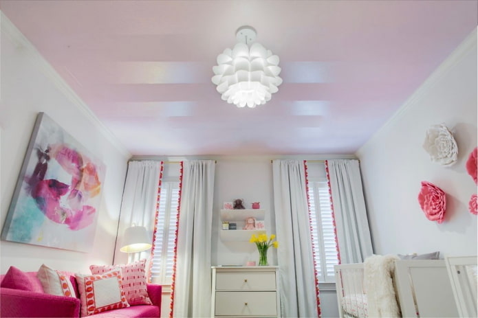 pink ceiling design with chandelier