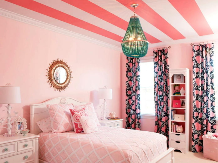 pink wallpaper on the ceiling in the interior