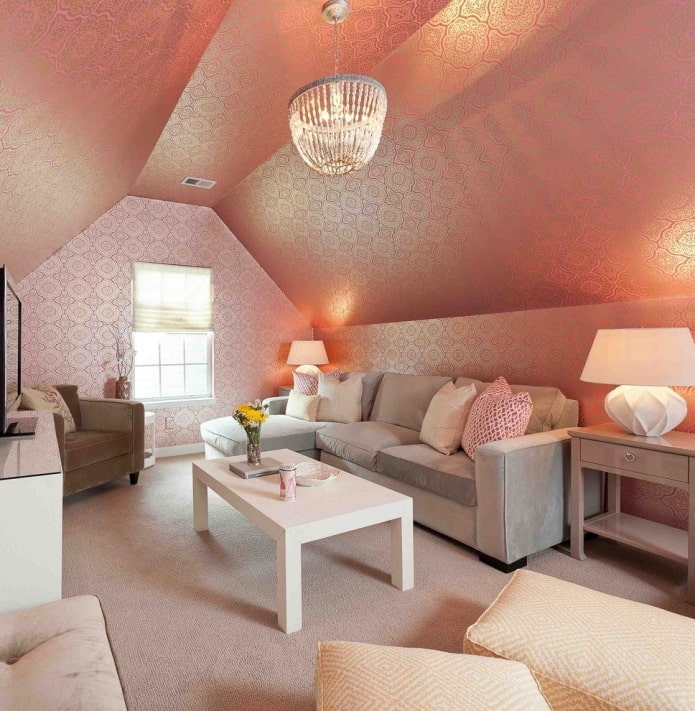 pink wallpaper on the ceiling in the interior