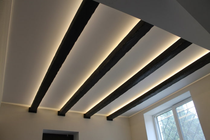 ceiling structure with beams and lighting