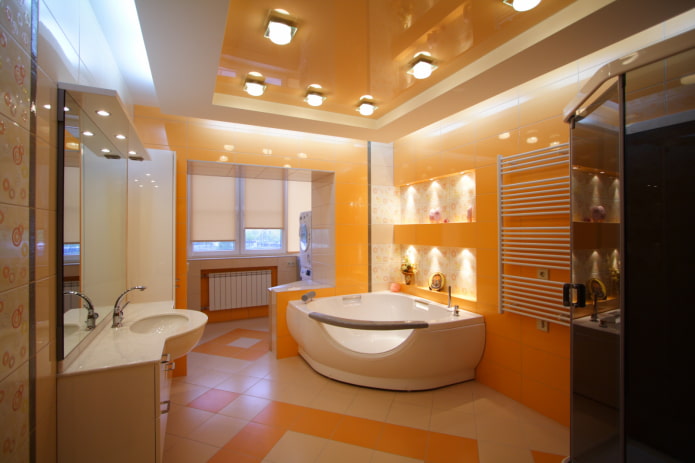 orange ceiling in the interior of the bathroom