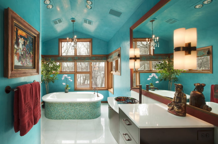 turquoise ceiling in the bathroom interior