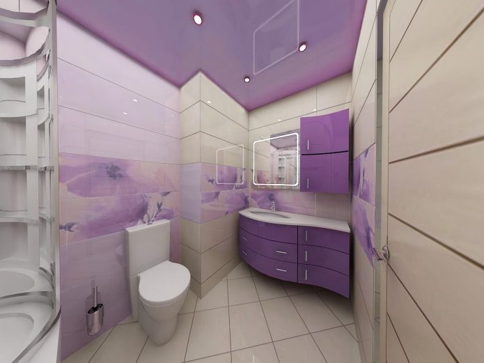 lilac ceiling in the interior of the bathroom