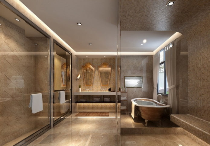 soaring ceiling in the interior of the bathroom