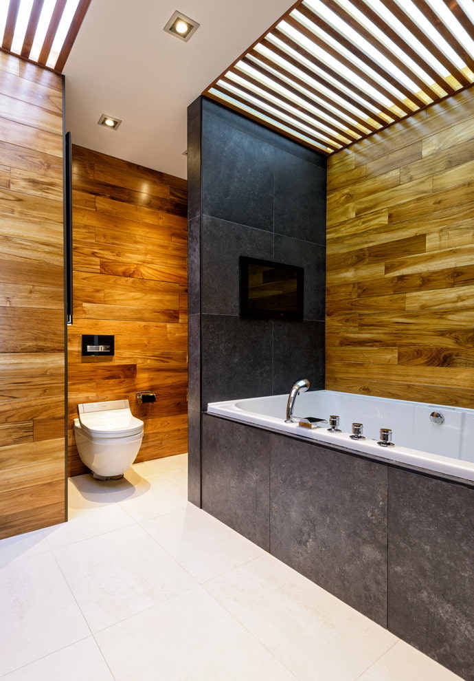 Deckengestaltung in einem Badezimmer kombiniert mit einer Toilette