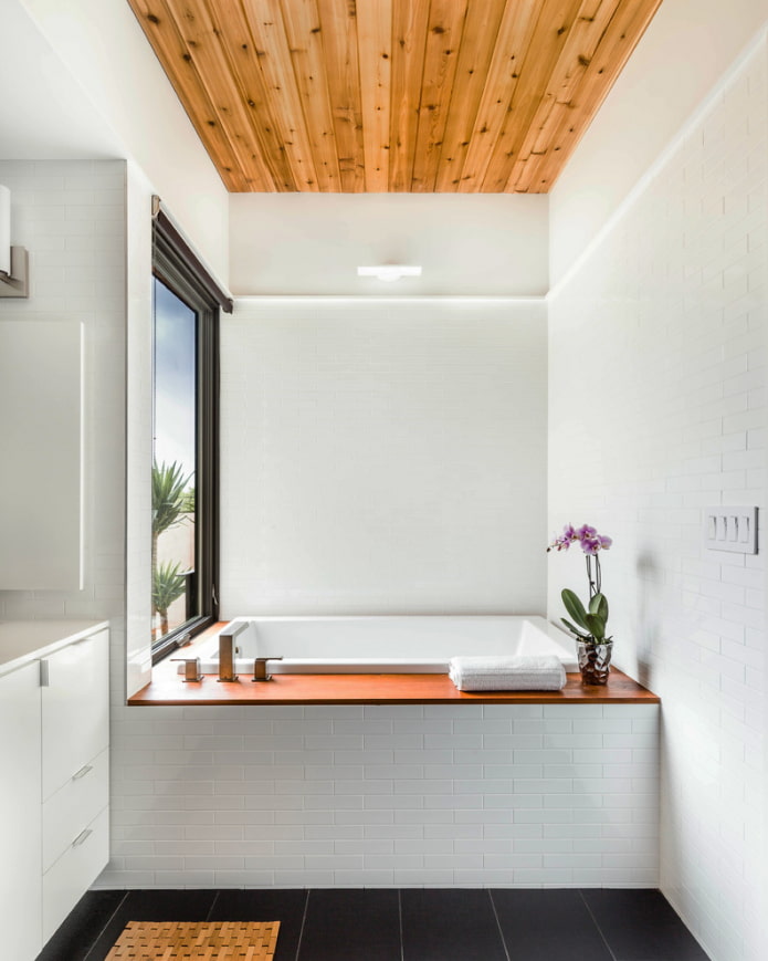 wooden ceiling in the interior of the bathroom
