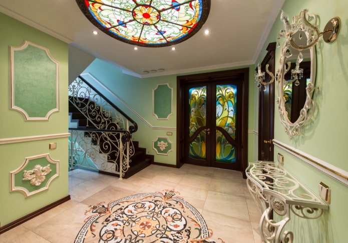 ceiling design in the hallway with stairs