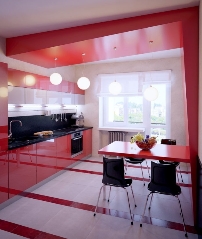 red ceiling in the interior of the kitchen