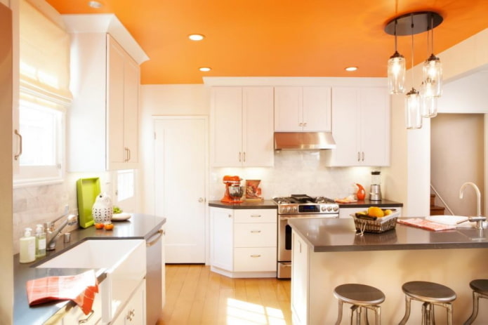 orange ceiling in the interior of the kitchen