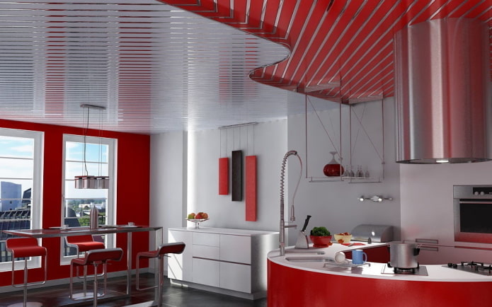 slatted ceiling in the interior of the kitchen