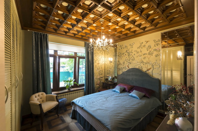 coffered ceiling in the interior of the bedroom