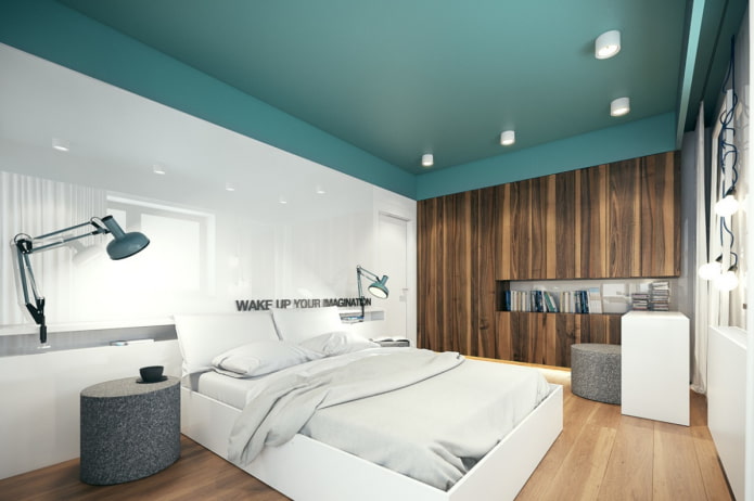turquoise ceiling in the bedroom interior